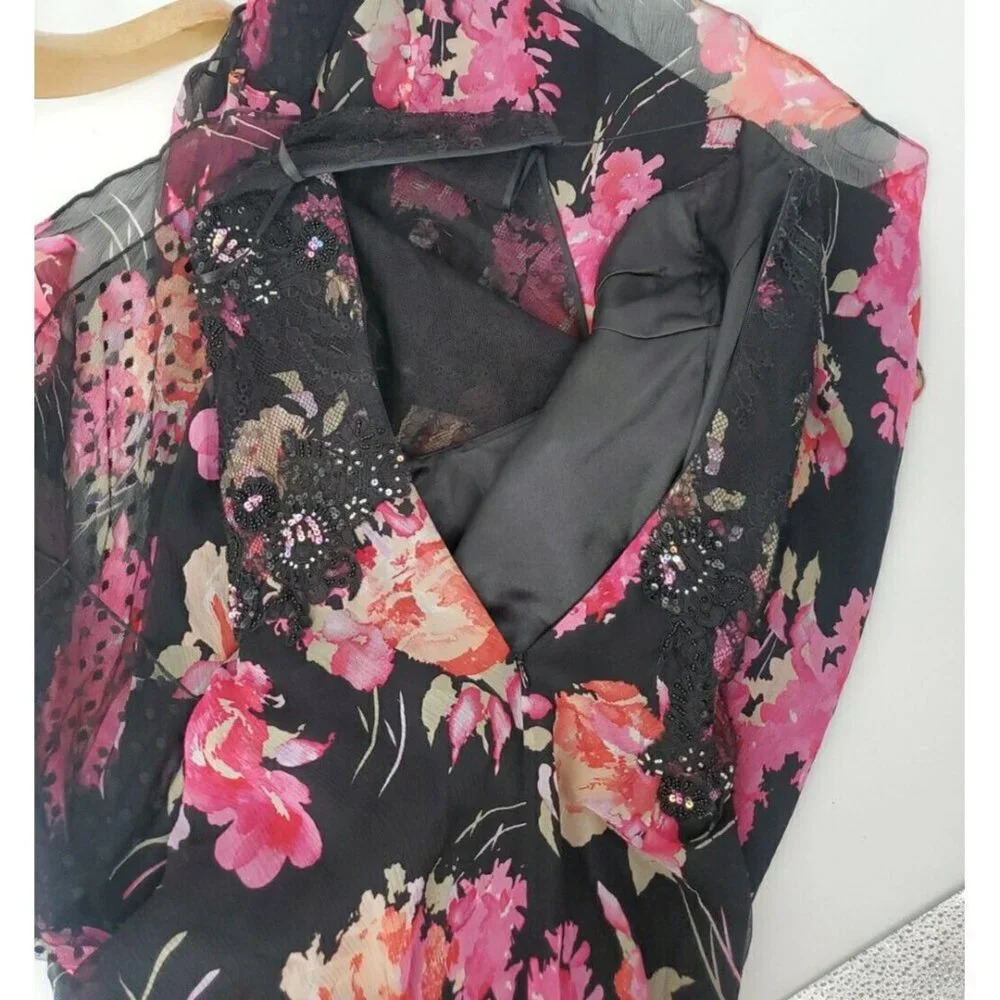 Ricki Freeman Teri Jon Silk Floral Sequin Beaded Halter Maxi Dress Sz 12 - Picture 16 of 16